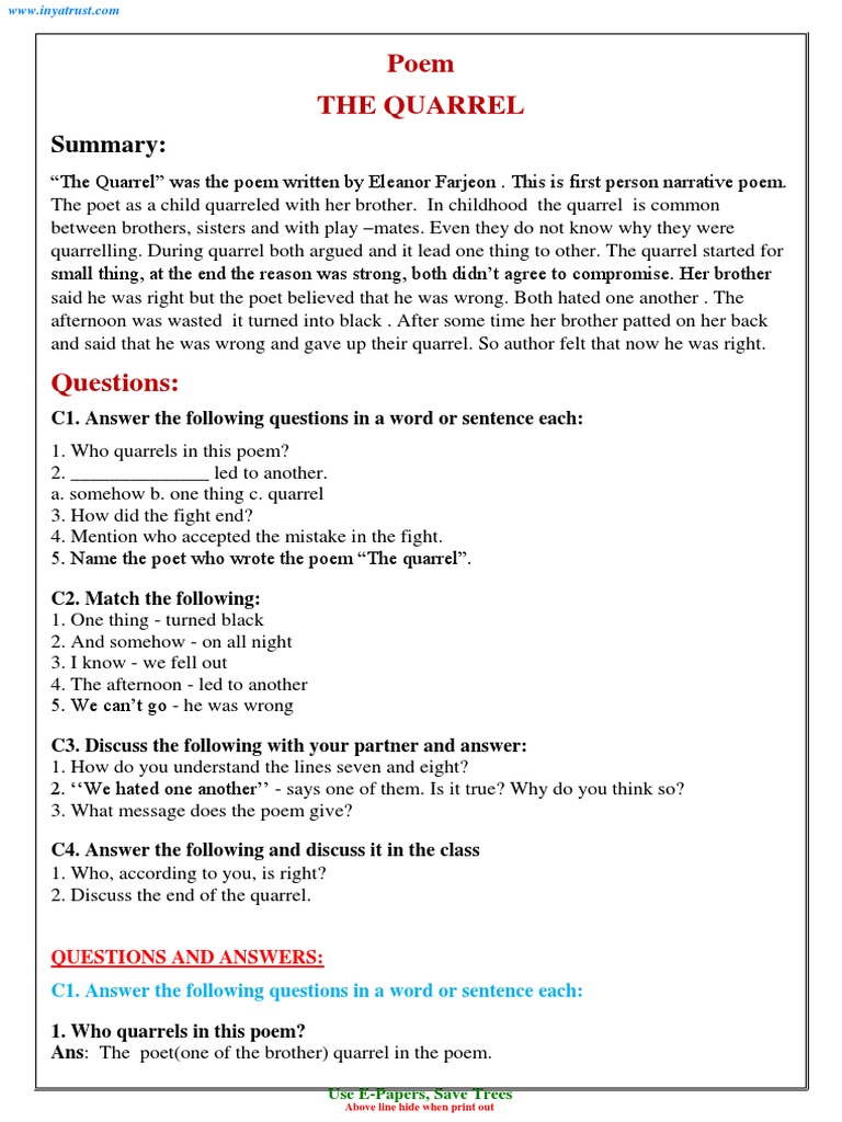 7th Std English Poem 08 The Quarrel Notes 2019 20