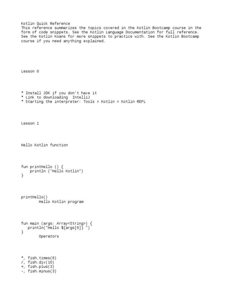 Kotlin Quick Reference Sheet | Download Free PDF | Programming ...