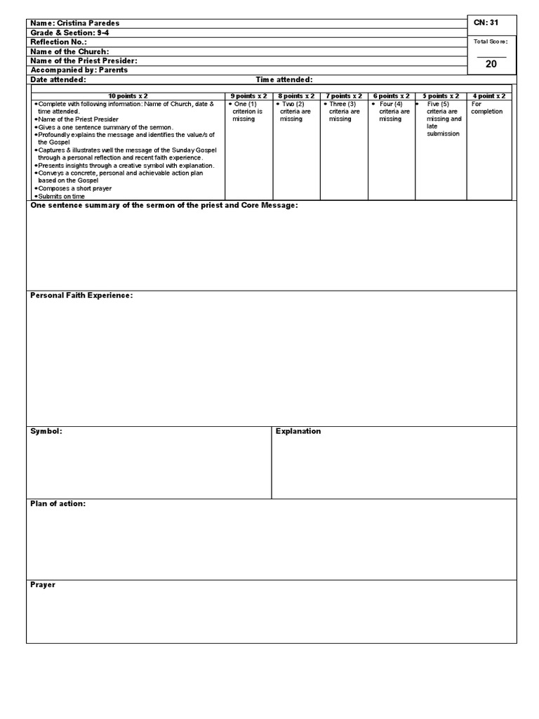 Template For Mass Reflection PDF