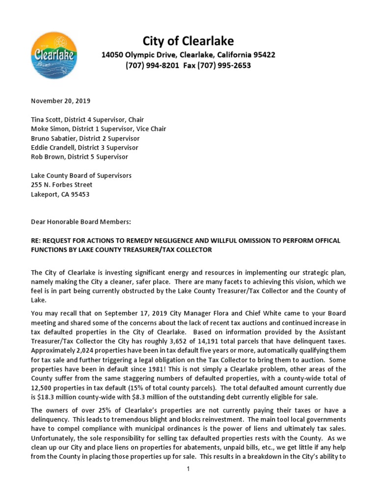 BOS Tax Collector Letter 112019 Taxes Property