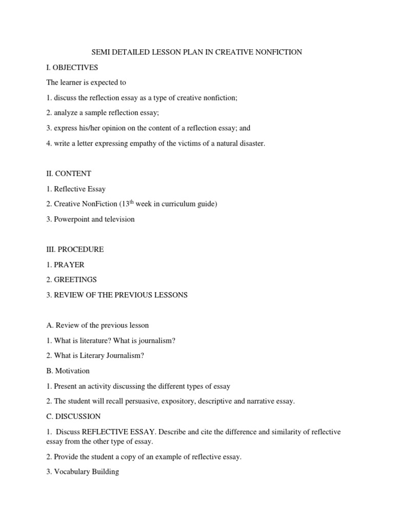 Semi Detailed Lesson Plan In Creative Non Fiction Pdf General Fiction
