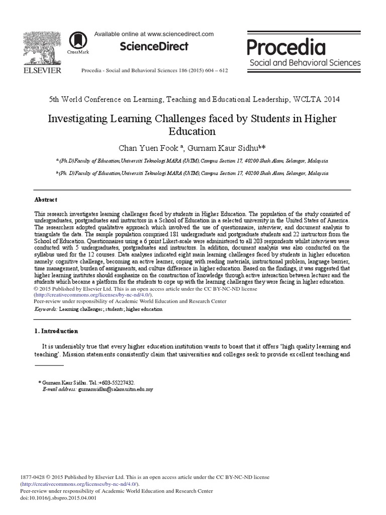 Investigating Learning Challenges Faced by Students in Higher Education ...