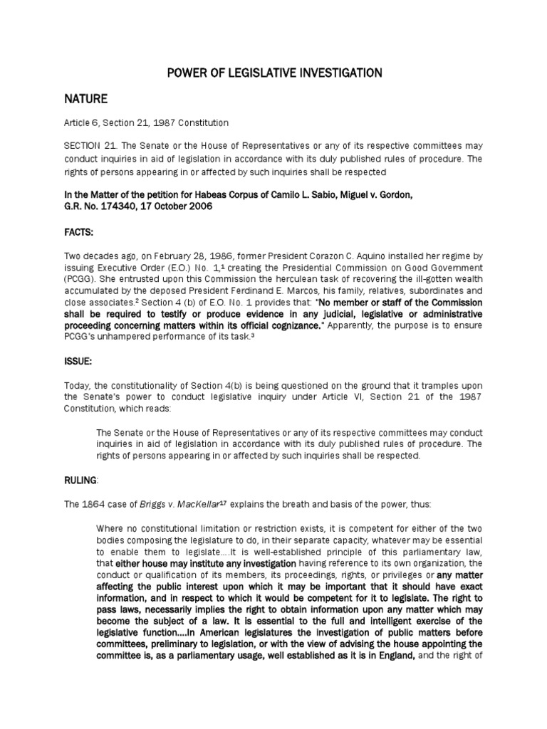Power of Legislative Investigation | PDF | Federal Government Of The ...
