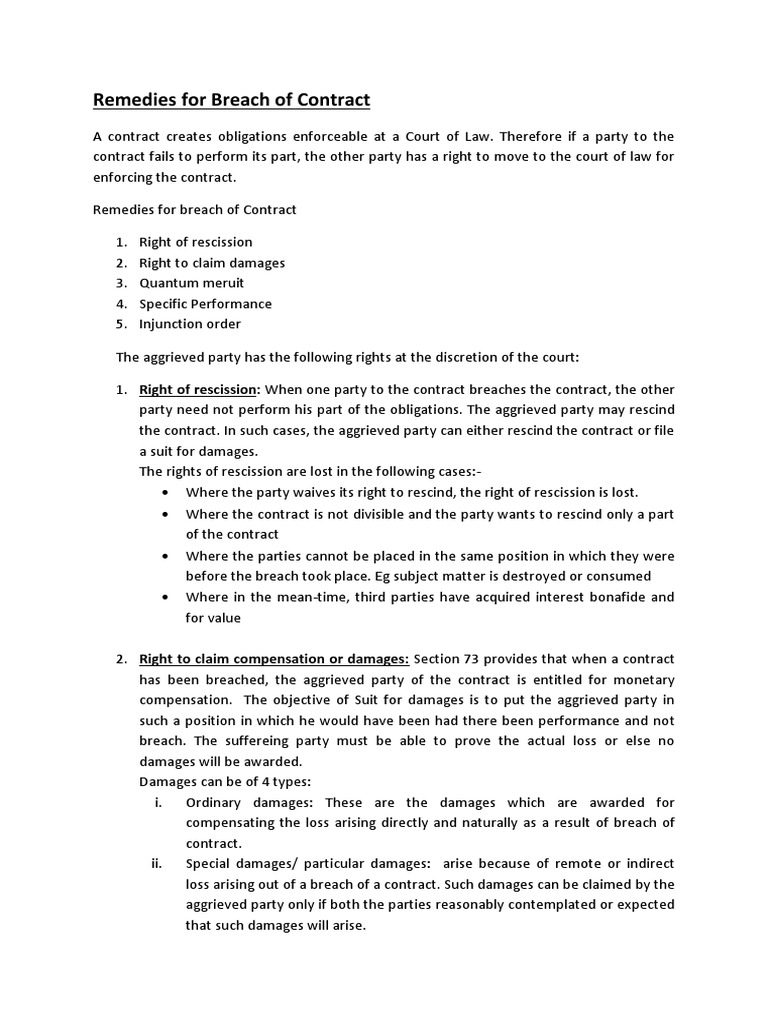 Remedies for Breach of Contract Explained | PDF | Damages | Specific ...