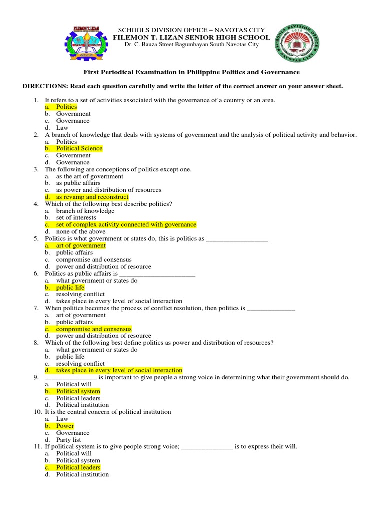 1st Quarter Exam in Philippine Politics | PDF | Power (Social And ...