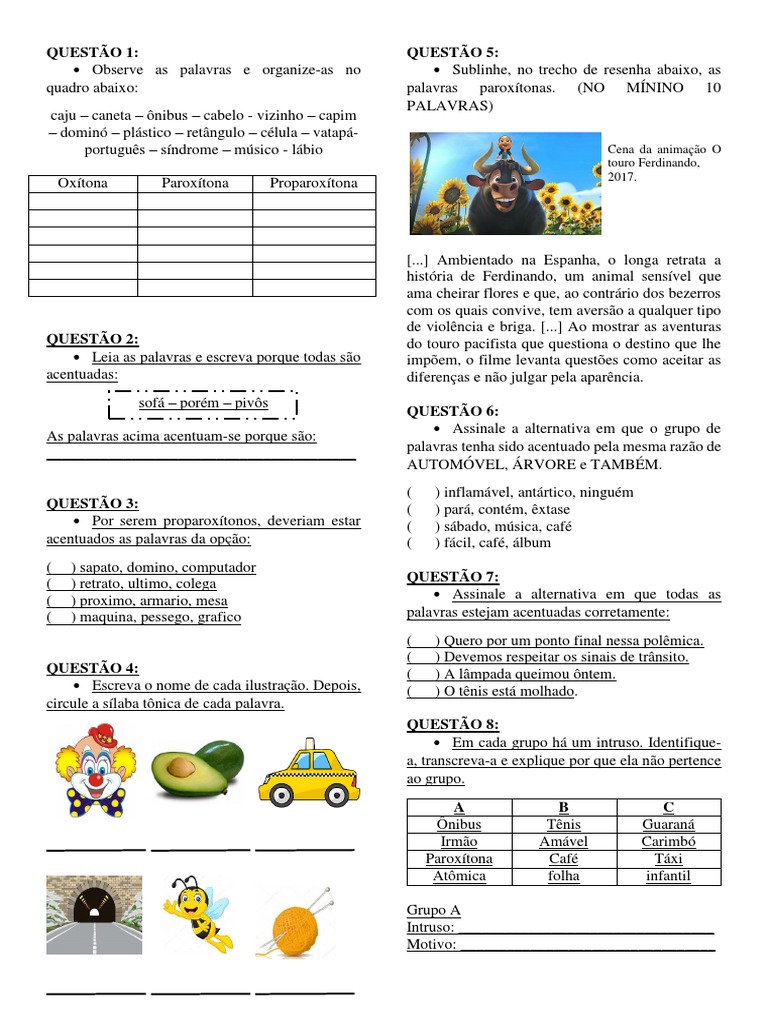 Atividade De Oxitona Paroxitona E Proparoxitona 3 Ano