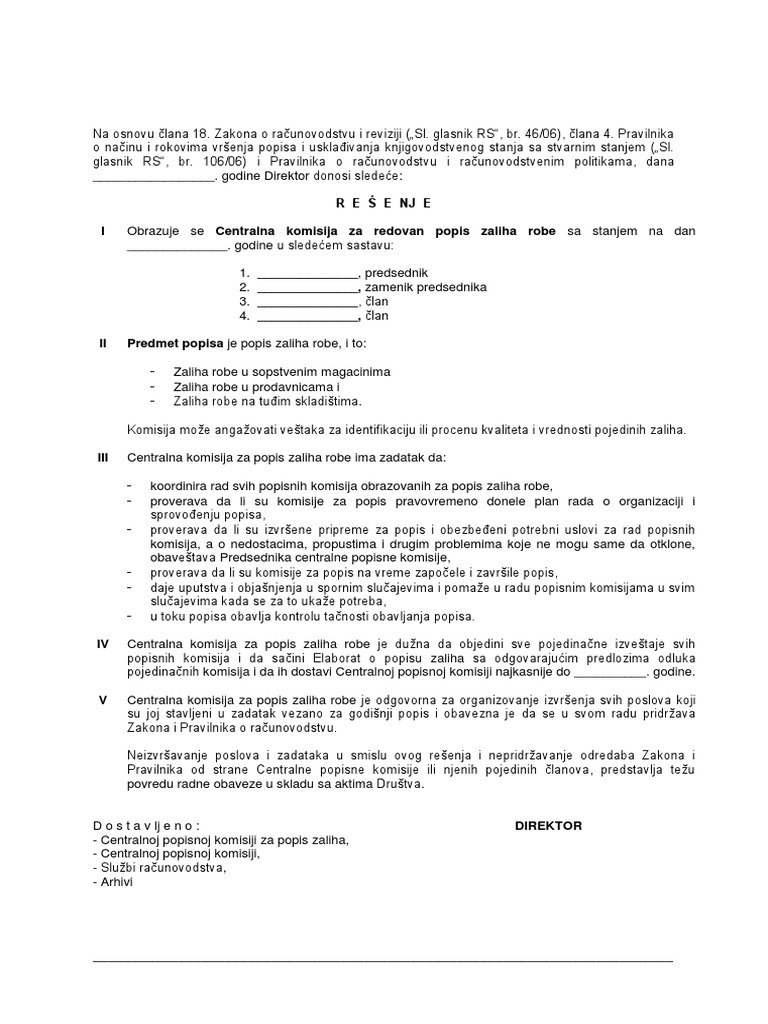Resenje o Imenovanju CK Za Popis Zaliha Robe | PDF