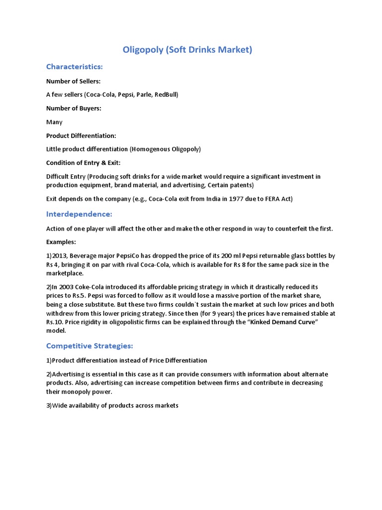 Oligopoly (Soft Drinks Market) Characteristics PDF Oligopoly