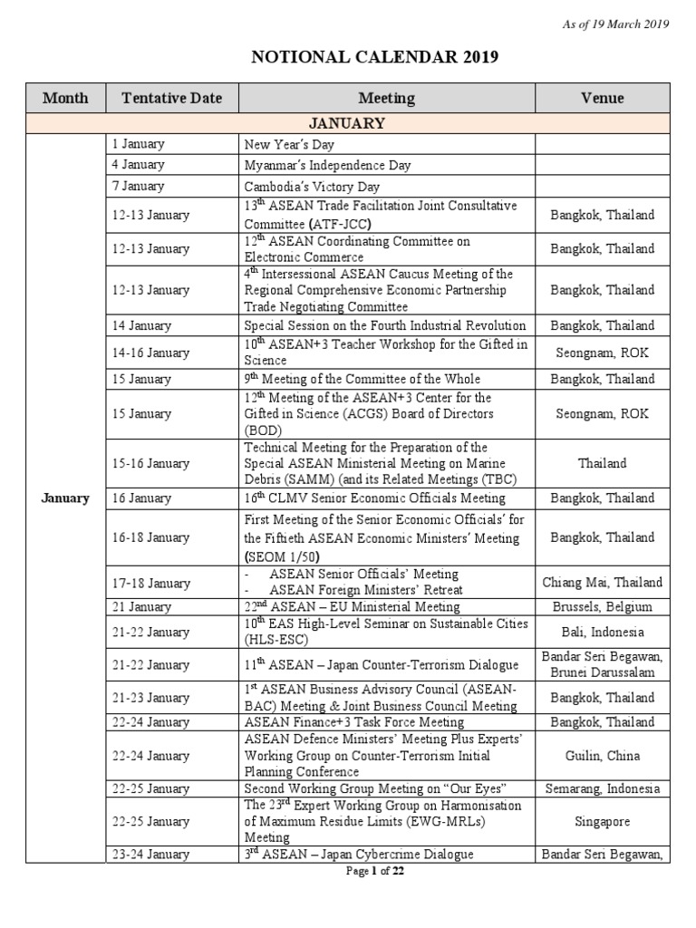 6 ASEAN Notional Calendar 2019 As of 19 March 2019 PDF Asean Free
