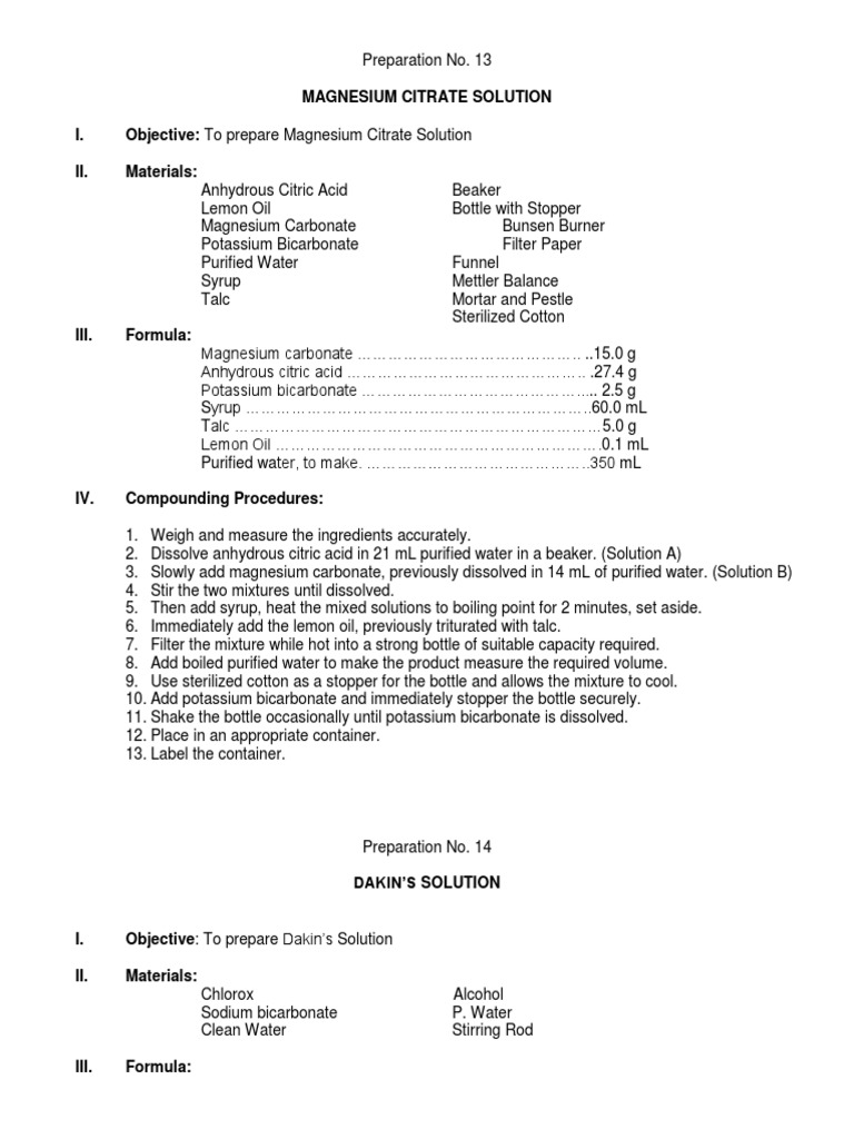 Magnesium Citrate Solution I. Objective To Prepare Magnesium Citrate