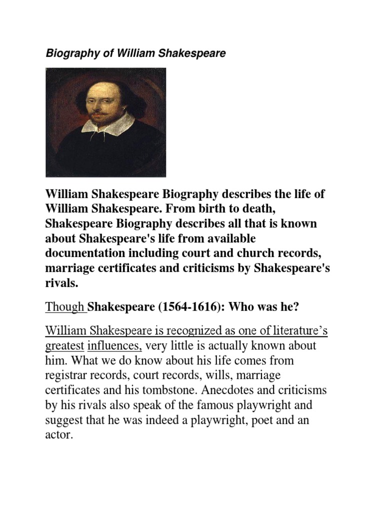 write short biography of william shakespeare