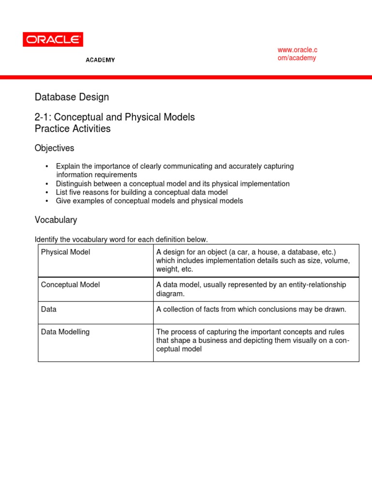 Database Design 2-1: Conceptual and Physical Models | PDF | Conceptual