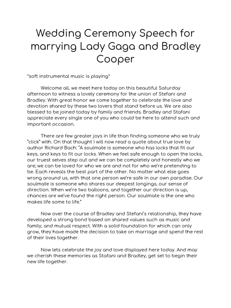 Wedding Ceremony Speech For Marrying Lady Gaga And Bradley Cooper Love Social Institutions