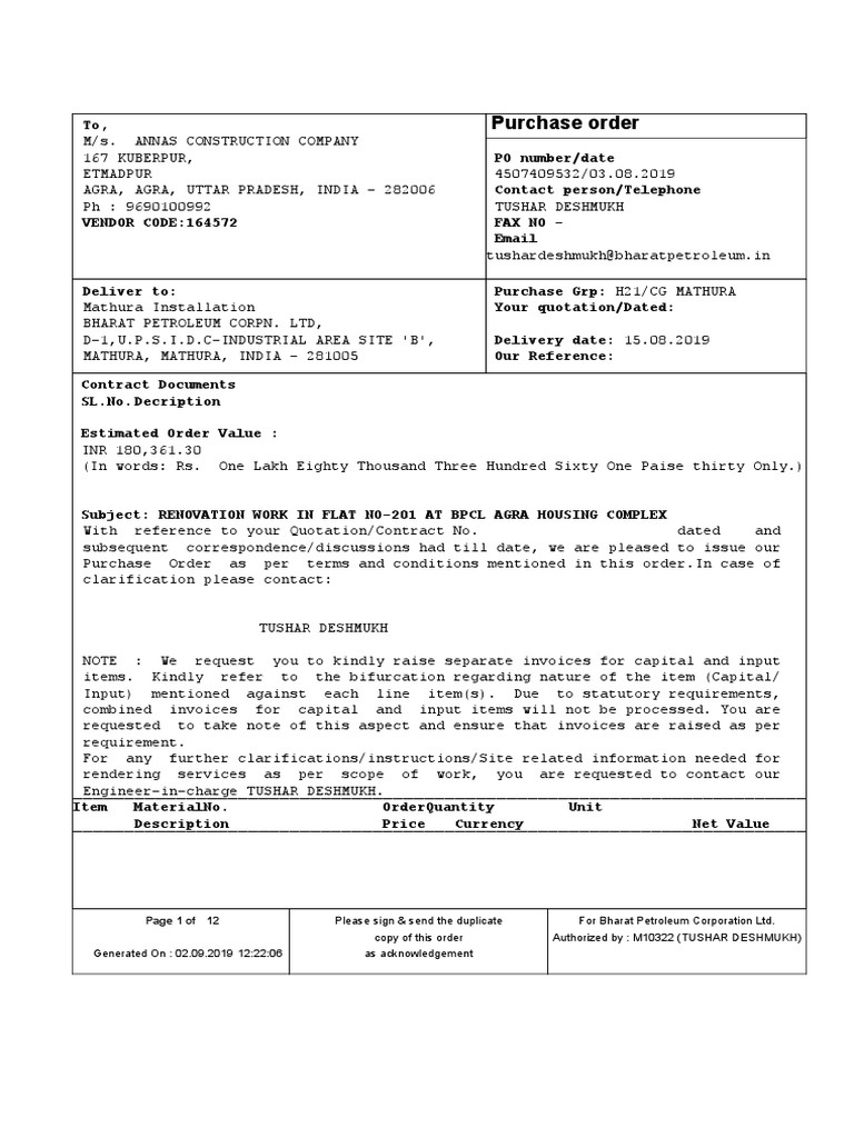 Po Flat 1 Invoice Materials