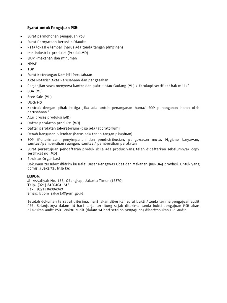 Syarat Pengajuan PSB ke BPOM | PDF
