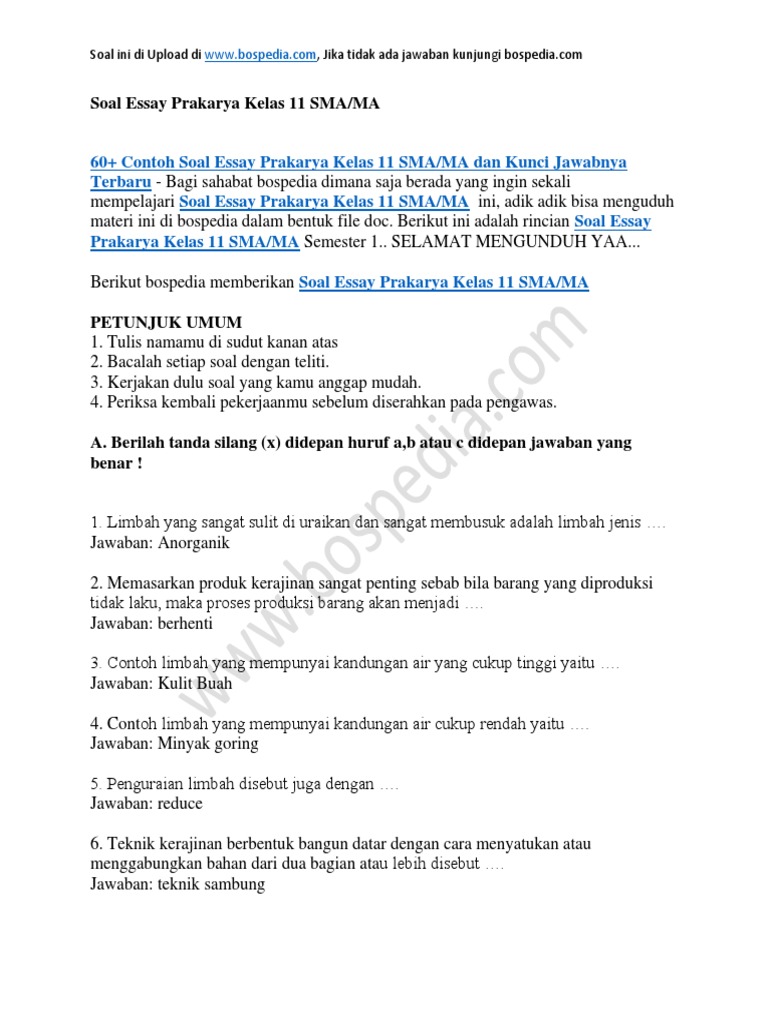 60 Contoh Soal Essay Prakarya Kelas 11 Sma Ma Dan Kunci Jawabnya