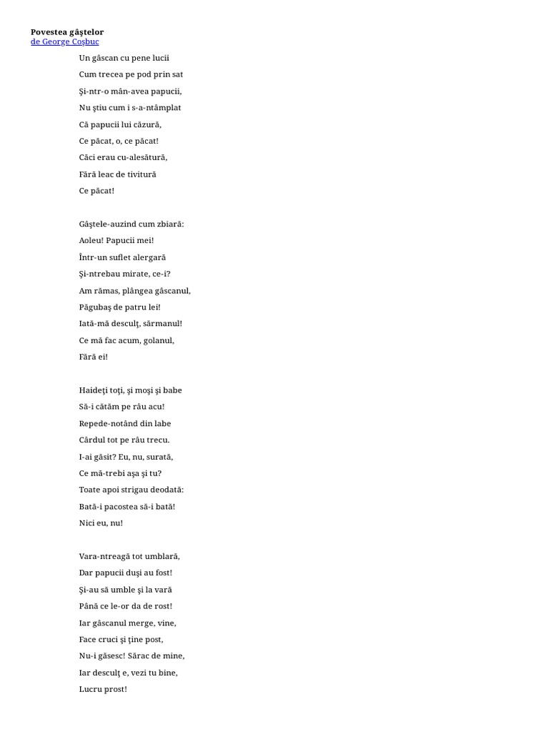 Povestea Gastelor Poezie De George Cosbuc