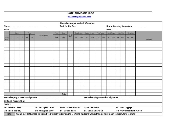 Housekeeping Room Attendant Worksheet PDF