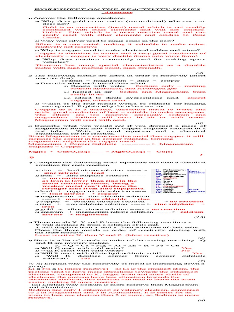 Worksheet On The Reactivity Series Pdf Magnesium Metals