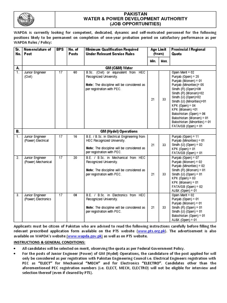 Pakistan Water & Power Development Authority (Job Opportunities) PDF