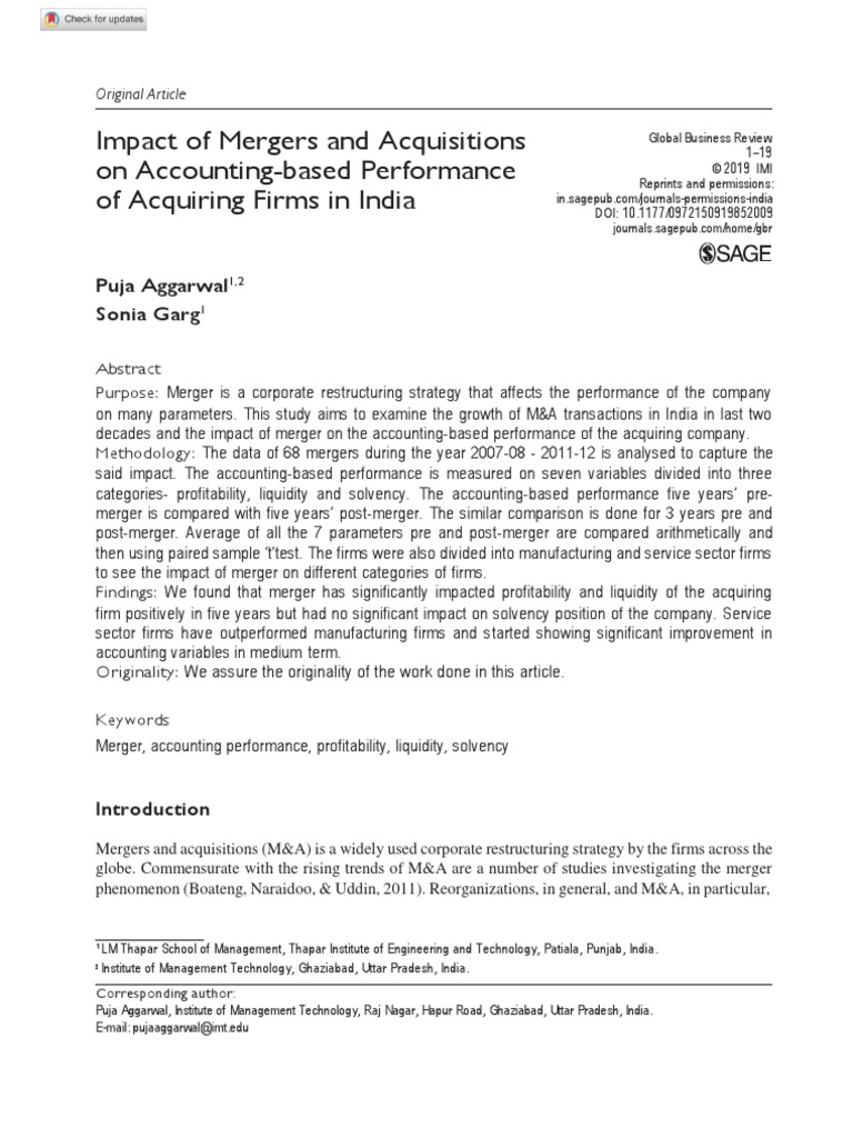 Impact of Mergers and Acquisitions On Accounting-Based Performance of ...