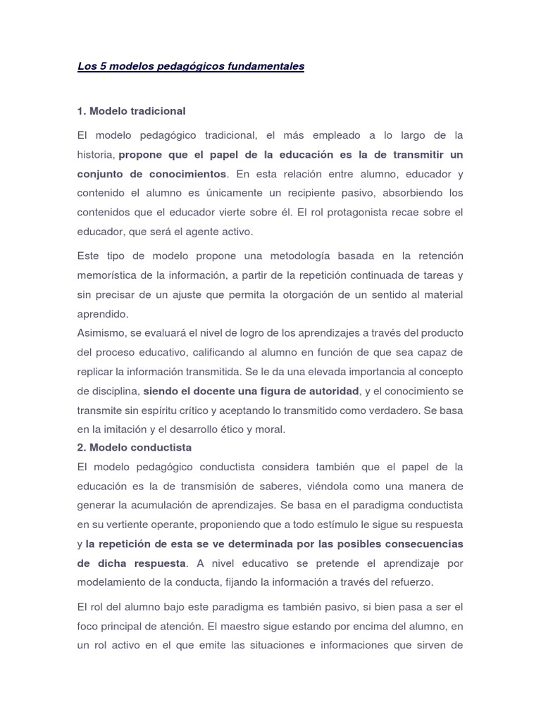 Cinco Modelos Pedagógicos Fundamentales | PDF | Aprendizaje | Maestros