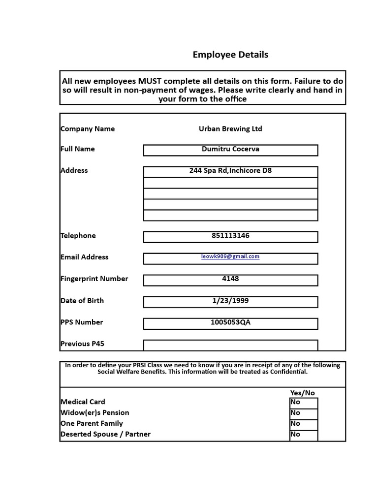 Employee Information Form for Urban Brewing | PDF