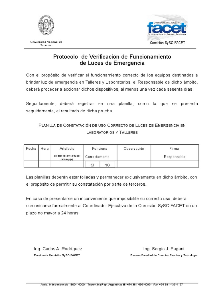 Protocolo de Verificación de Luces de Emergencia PDF