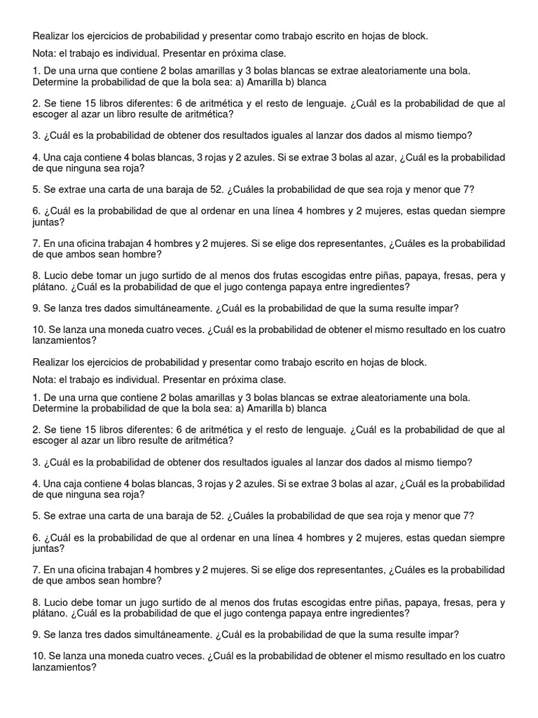 Ejercicios de Probabilidad para Sexto Grado | PDF | Probabilidad ...