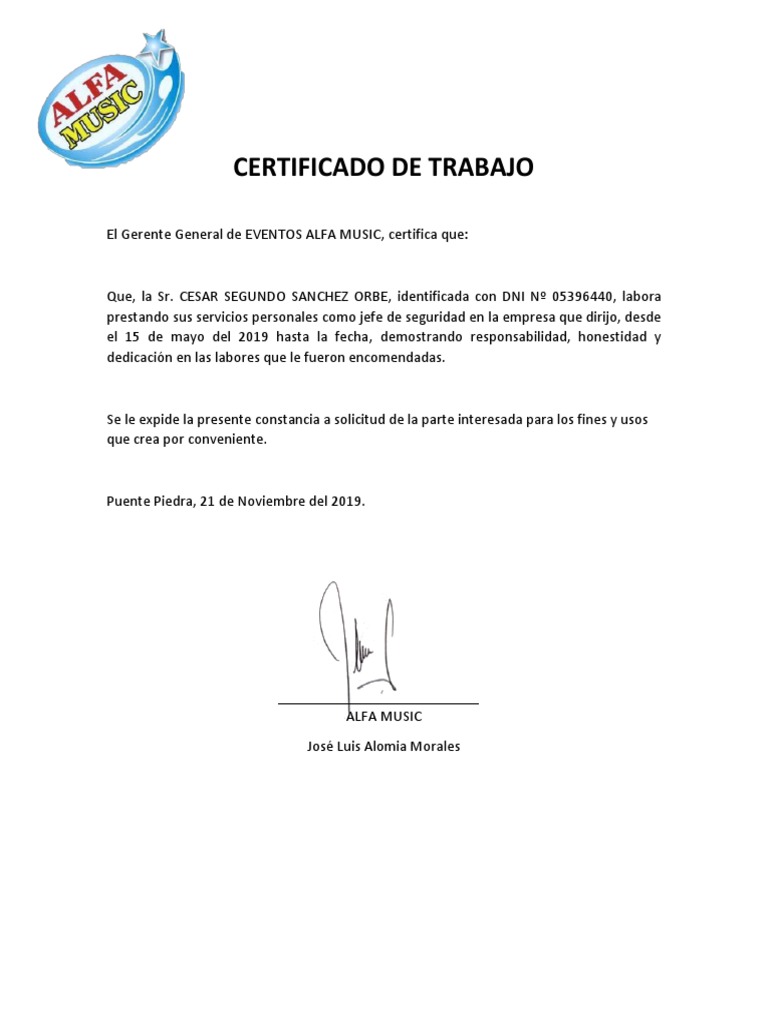 Certificado de Trabajo Alafa Music | PDF