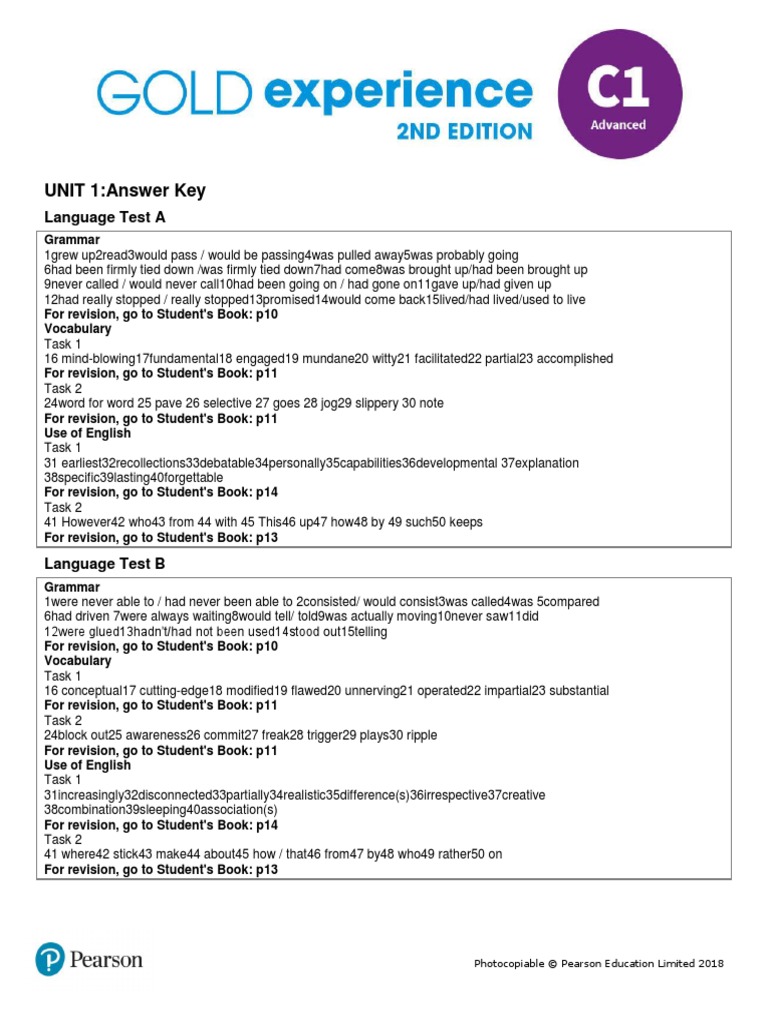 Answer Key - Language - Unit 1 | PDF