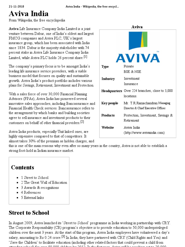 Aviva India Wikipedia The Free Encyclopedia Insurance Business