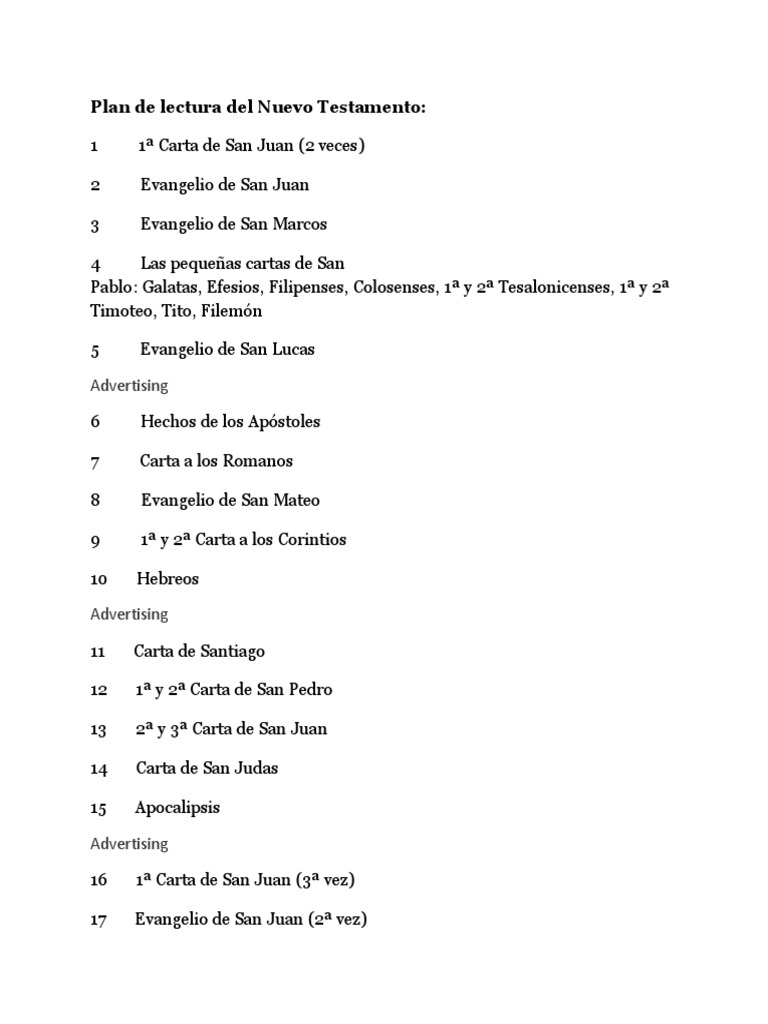 Plan de Lectura del Nuevo Testamento | PDF | Viejo Testamento ...