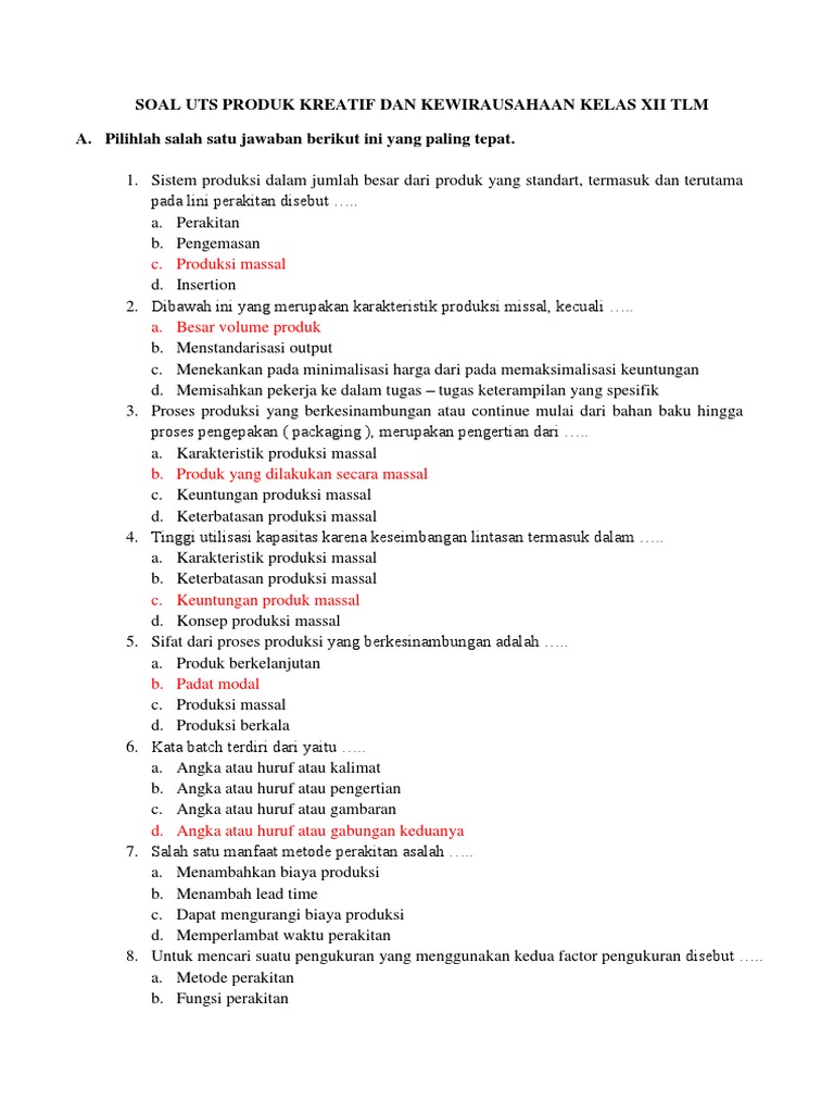 Soal Uts Produk Kreatif Dan Kewirausahaan Kelas Xii Tlm