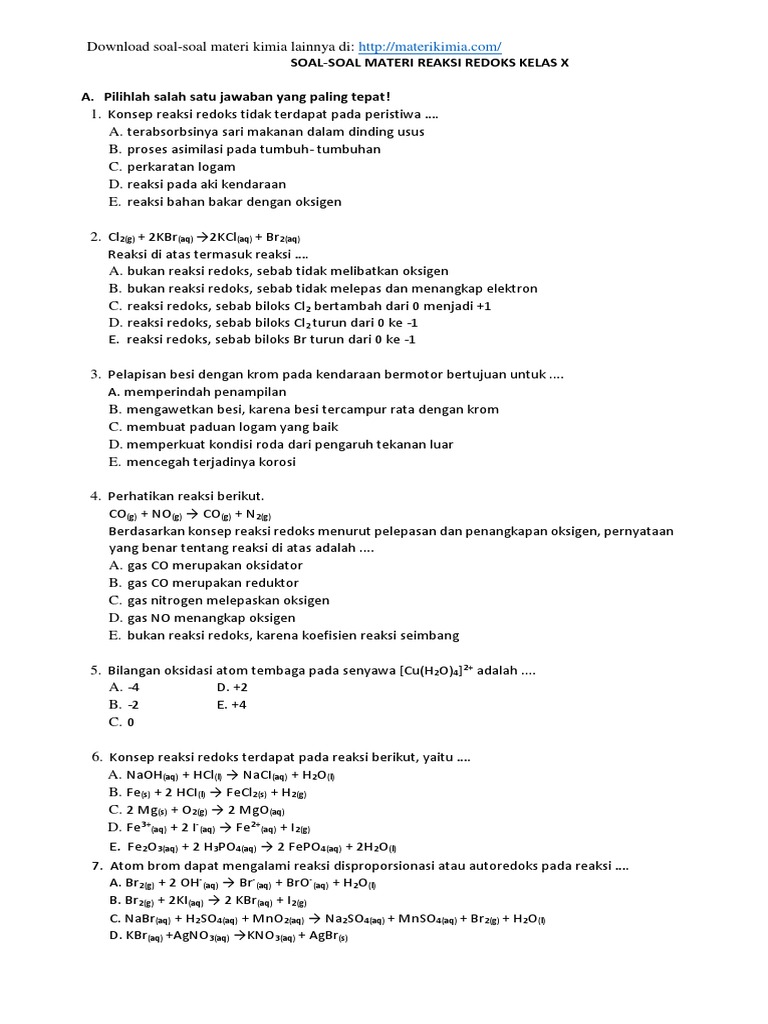 Soal Kimia Kelas 10 Semester 2 Materi Reaksi Redoks 1
