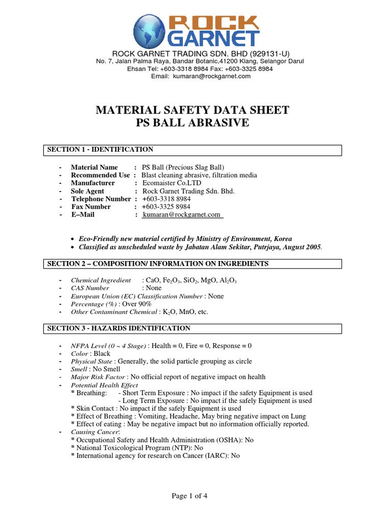 RGT Ps Ball Msds | PDF | Dangerous Goods | Personal Protective Equipment