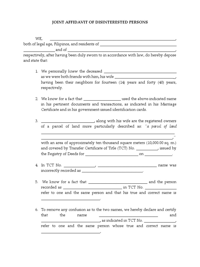 Affidavit For The Correction of Name in TCT - Sample | PDF | Affidavit ...