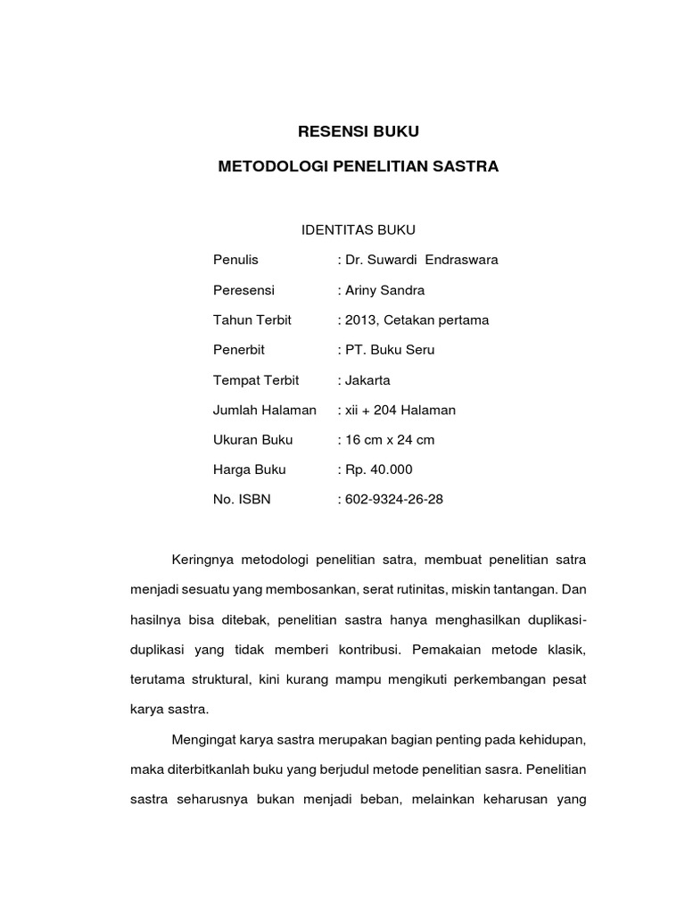 Resensi Buku Metodologi Penelitian Sastra