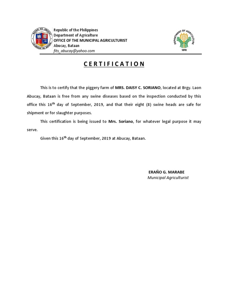 Piggery Health Certification for Mrs. Soriano | PDF | Agriculture ...