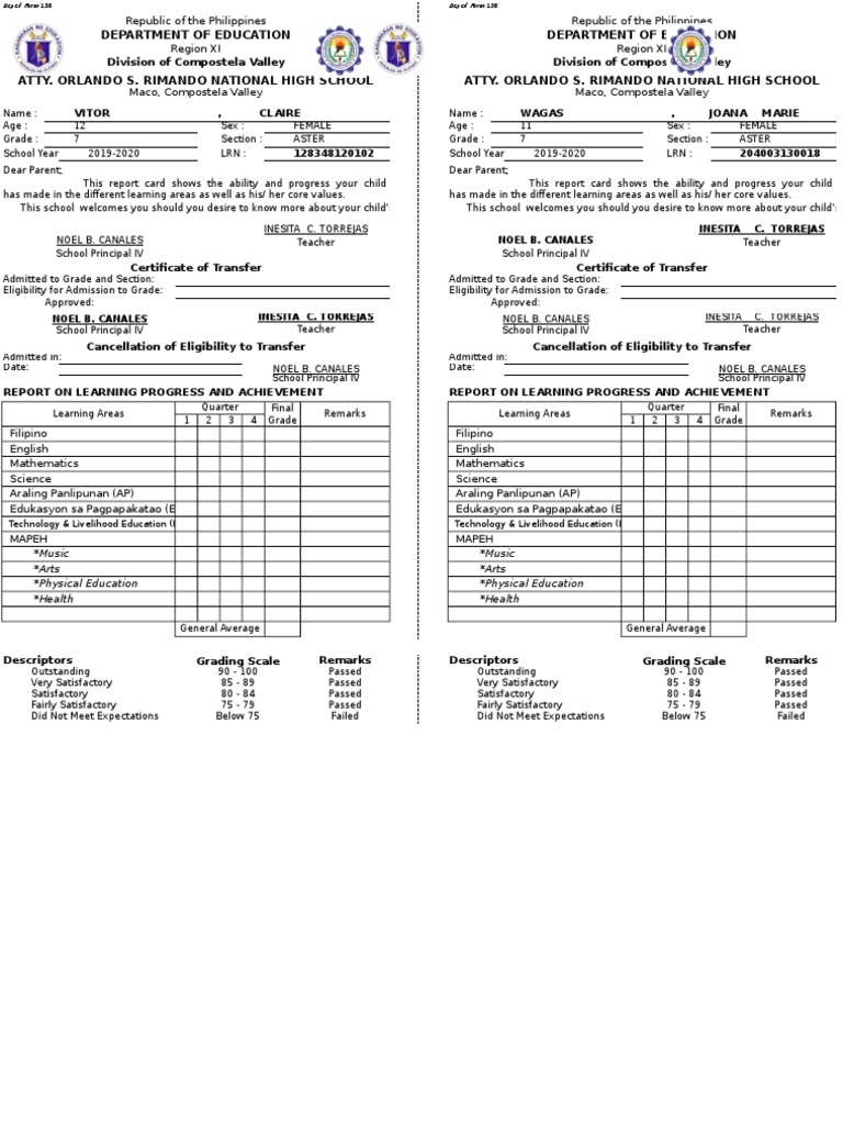 DepEd Form 138: Student Progress Report | PDF | Teachers | Physical ...