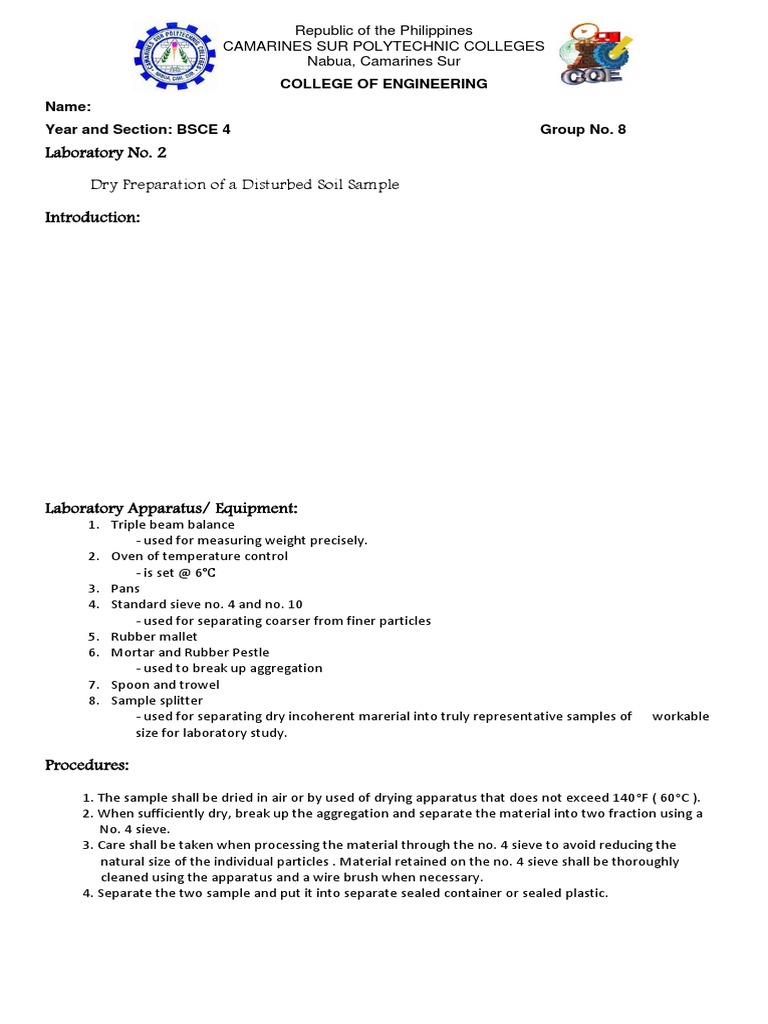 Laboratory No. 2 Dry Preparation of A Disturbed Soil Sample PDF