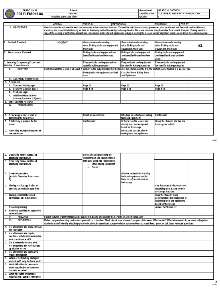 DLL TLE G7 Bread and Pastry Lesson 1 LO1 Teachers Teaching