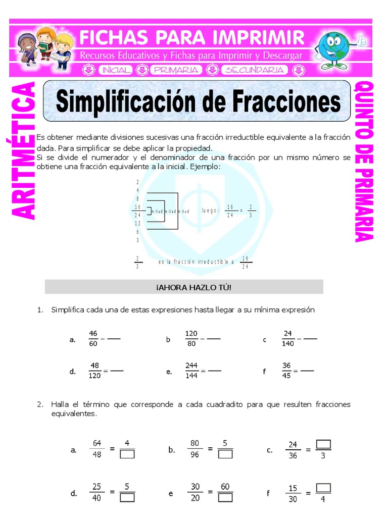 Simplificación de Fracciones Para Quinto de Primaria Fracción