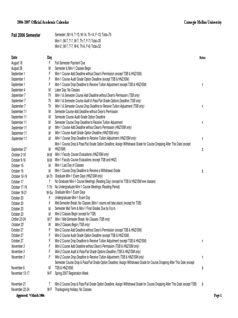Carnegie Mellon University 20062007 Official Academic Calendar