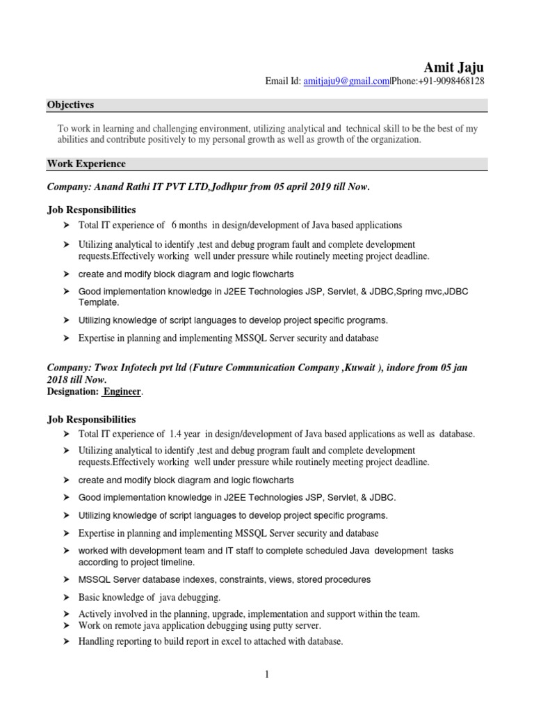 Java Developer Resume of Amit Jaju | PDF | Microsoft Sql Server | Java ...