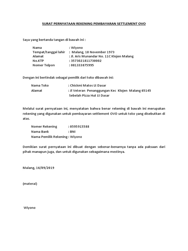 Surat Pernyataan Rekening Pembayaran Settlement Ovo | PDF