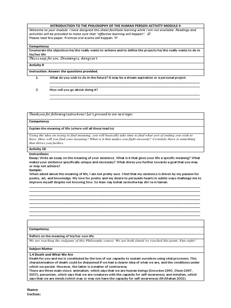 Activities in Philosophy of Human Person | PDF | Death | Mind