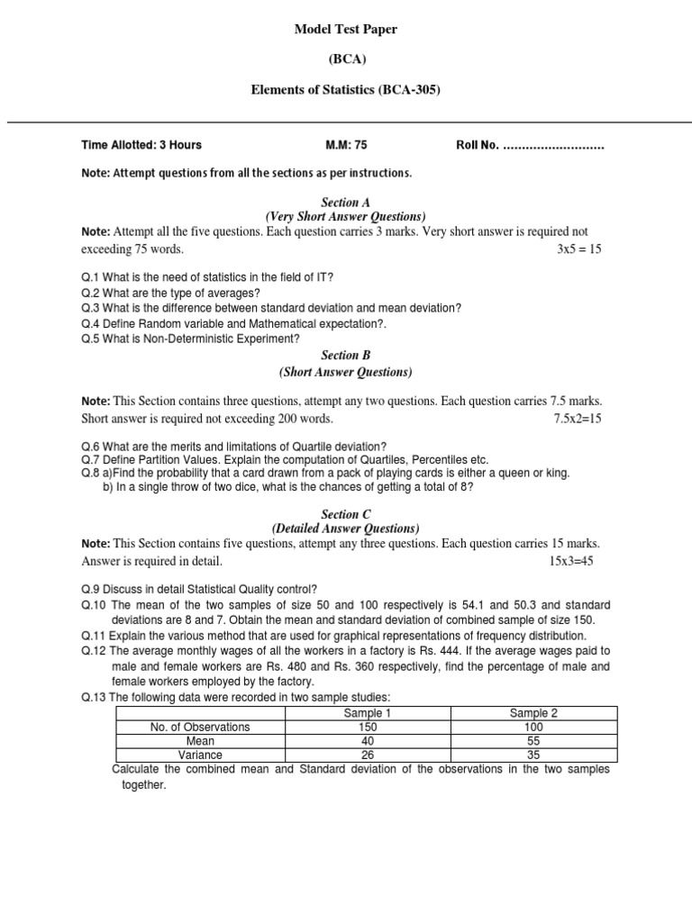 Model Test Paper (BCA) Elements of Statistics (BCA-305) : Exceeding 75 ...