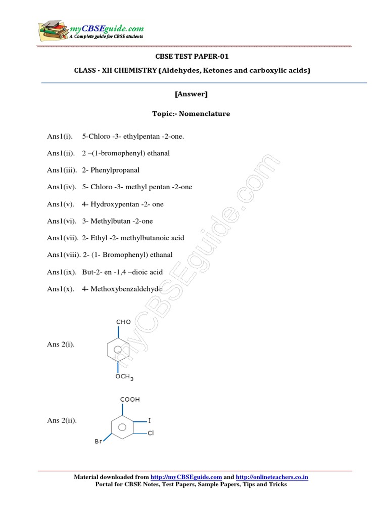 Cbse Test Paper-01 CLASS - XII CHEMISTRY (Aldehydes, Ketones and ...