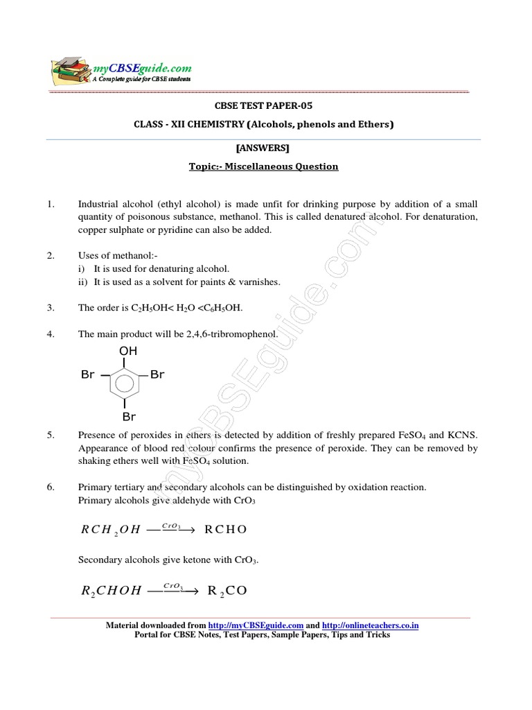 Cbse Test Paper05 CLASS XII CHEMISTRY (Alcohols, Phenols and Ethers